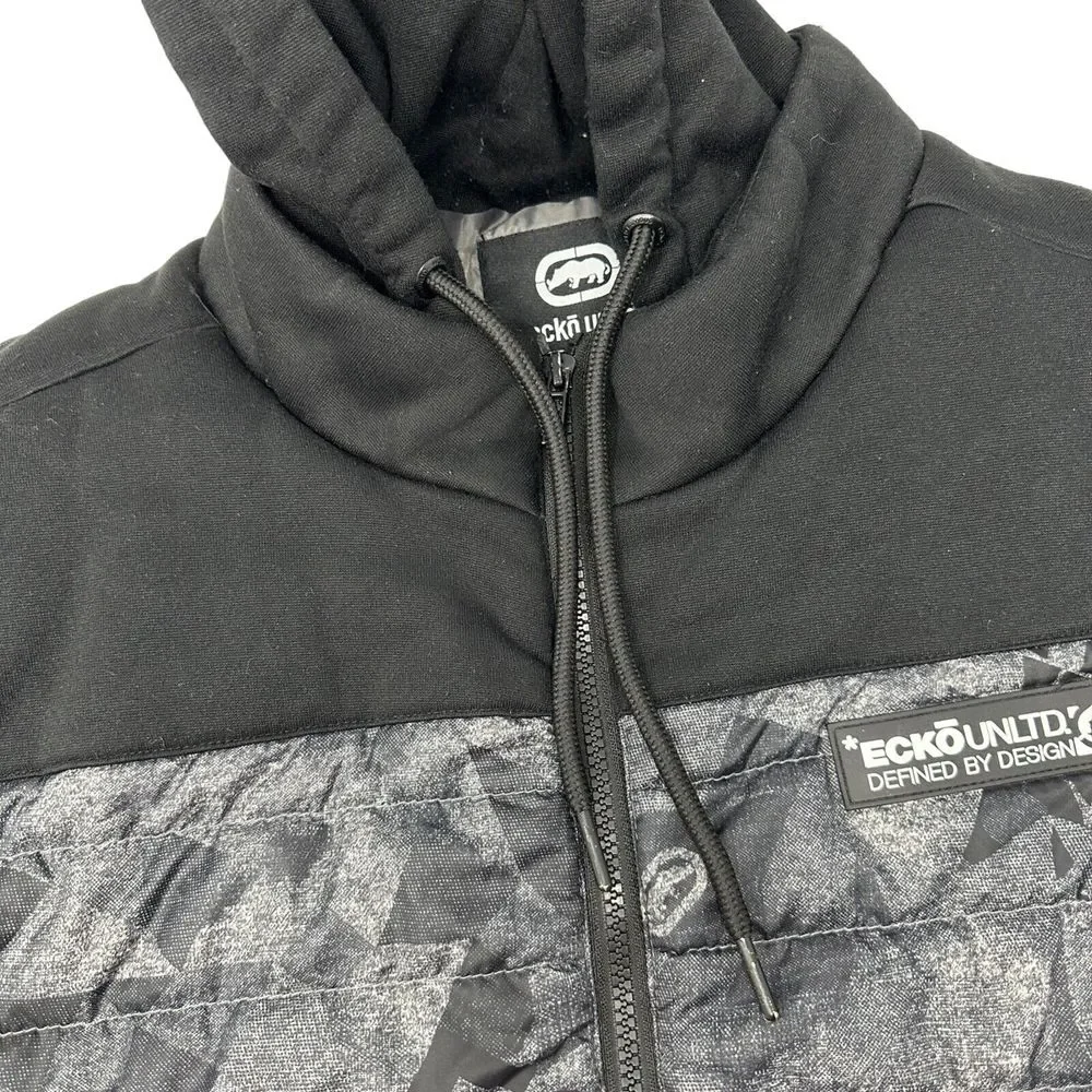 ECKO UNLTD Grey Black Camo Sleeveless‎ Hoodie Bomber Puffer Vest Jacket Coat Y2K